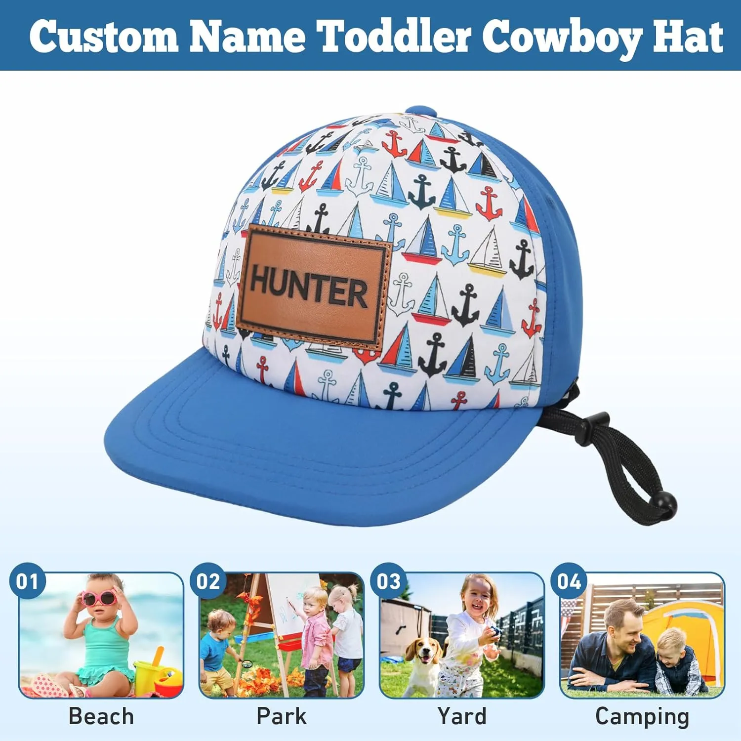Personalized Baby Sun Hats, Leather Patch Toddler Baseball Cap, Adjustable Chin Strap Trucker Hat for Infant Boys Girls