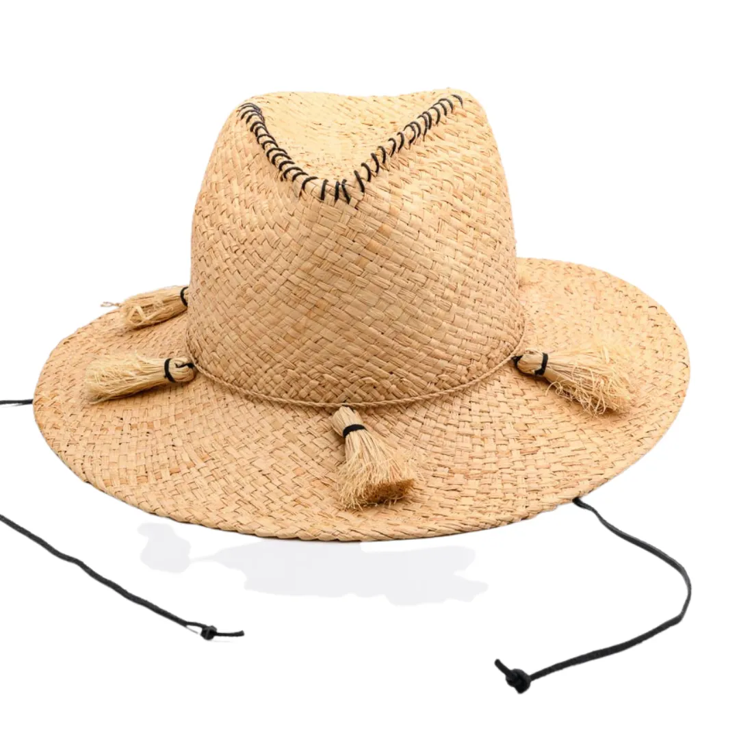 Pinch ME x, Handwoven Pure Raffia Fibre Hat with genuine leather chinstraps - UPF 50 