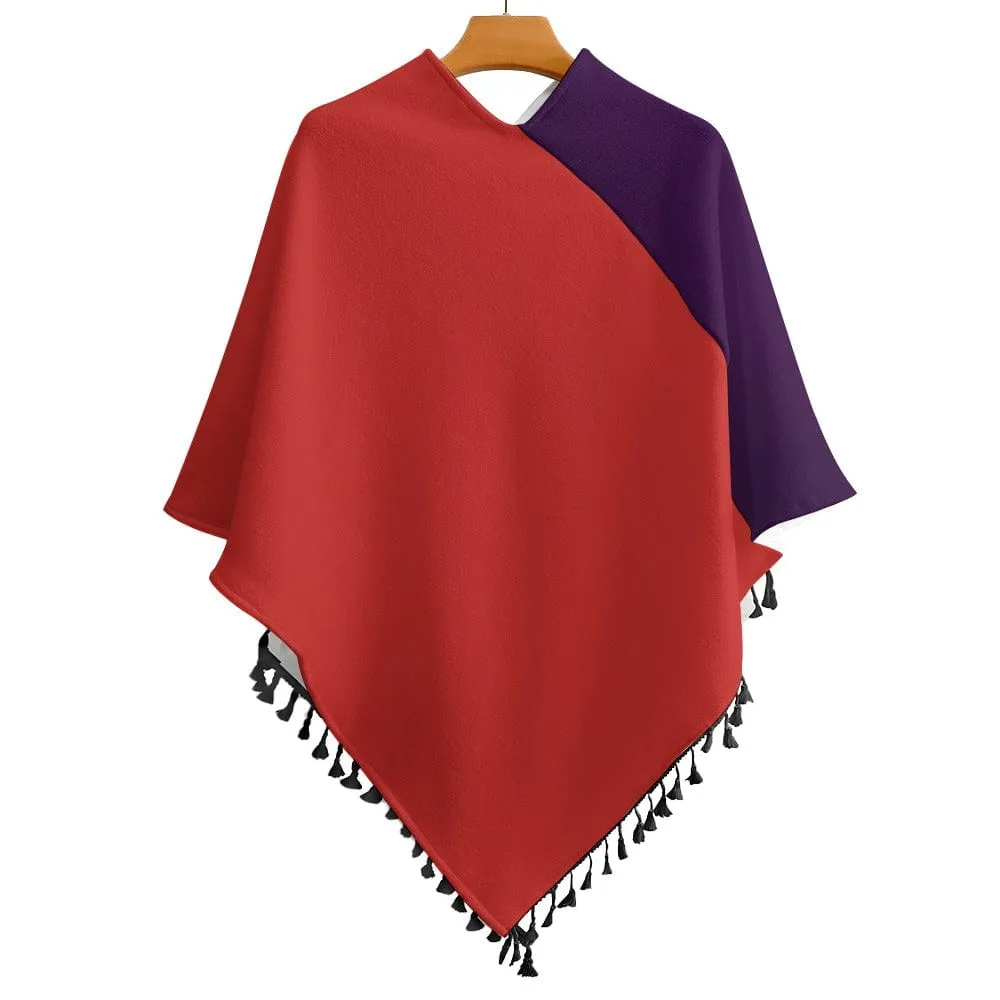 Purple and Red Knitted Cape with Fringed Edge