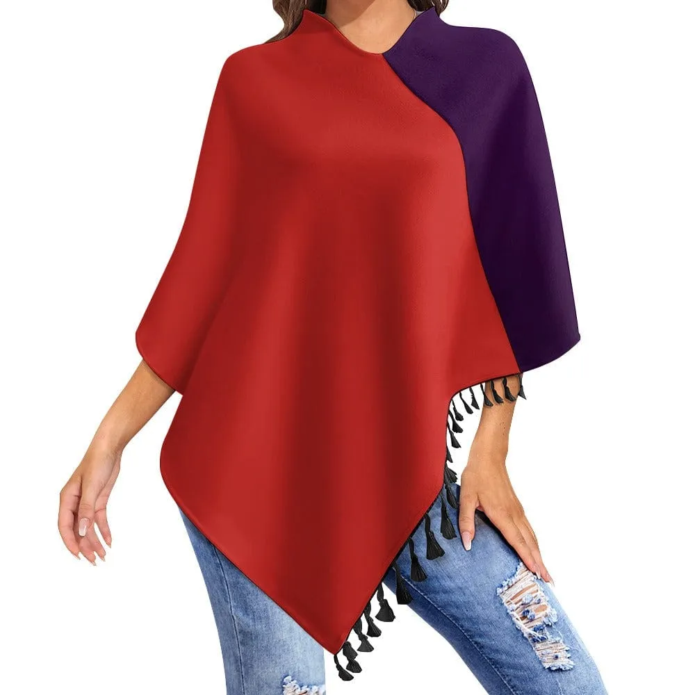 Purple and Red Knitted Cape with Fringed Edge