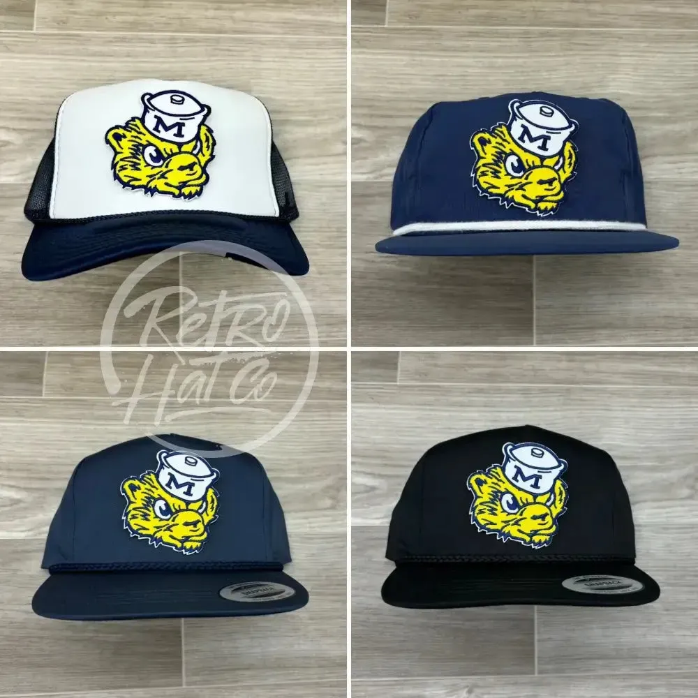 Retro 1940s-60s Michigan Wolverines Patch on Navy/White Meshback Trucker Hat