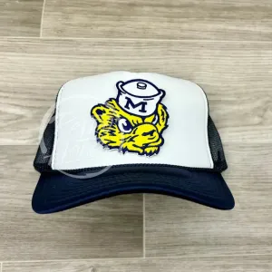 Retro 1940s-60s Michigan Wolverines Patch on Navy/White Meshback Trucker Hat