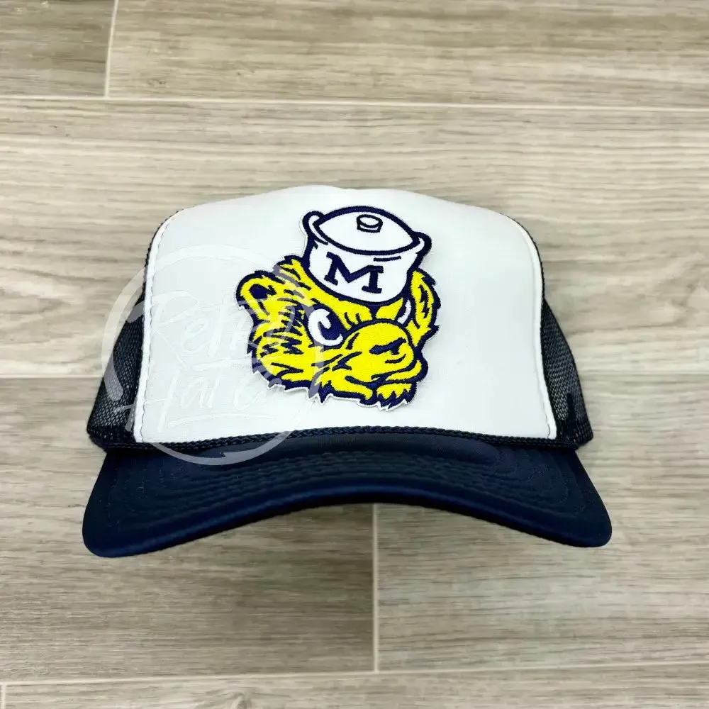 Retro 1940s-60s Michigan Wolverines Patch on Navy/White Meshback Trucker Hat