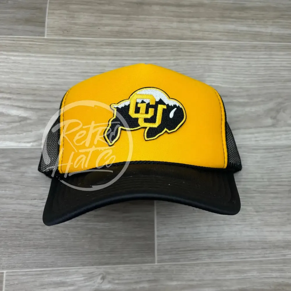 Retro Colorado Buffaloes CU Patch on Black/Gold Meshback Trucker Hat