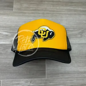 Retro Colorado Buffaloes CU Patch on Black/Gold Meshback Trucker Hat