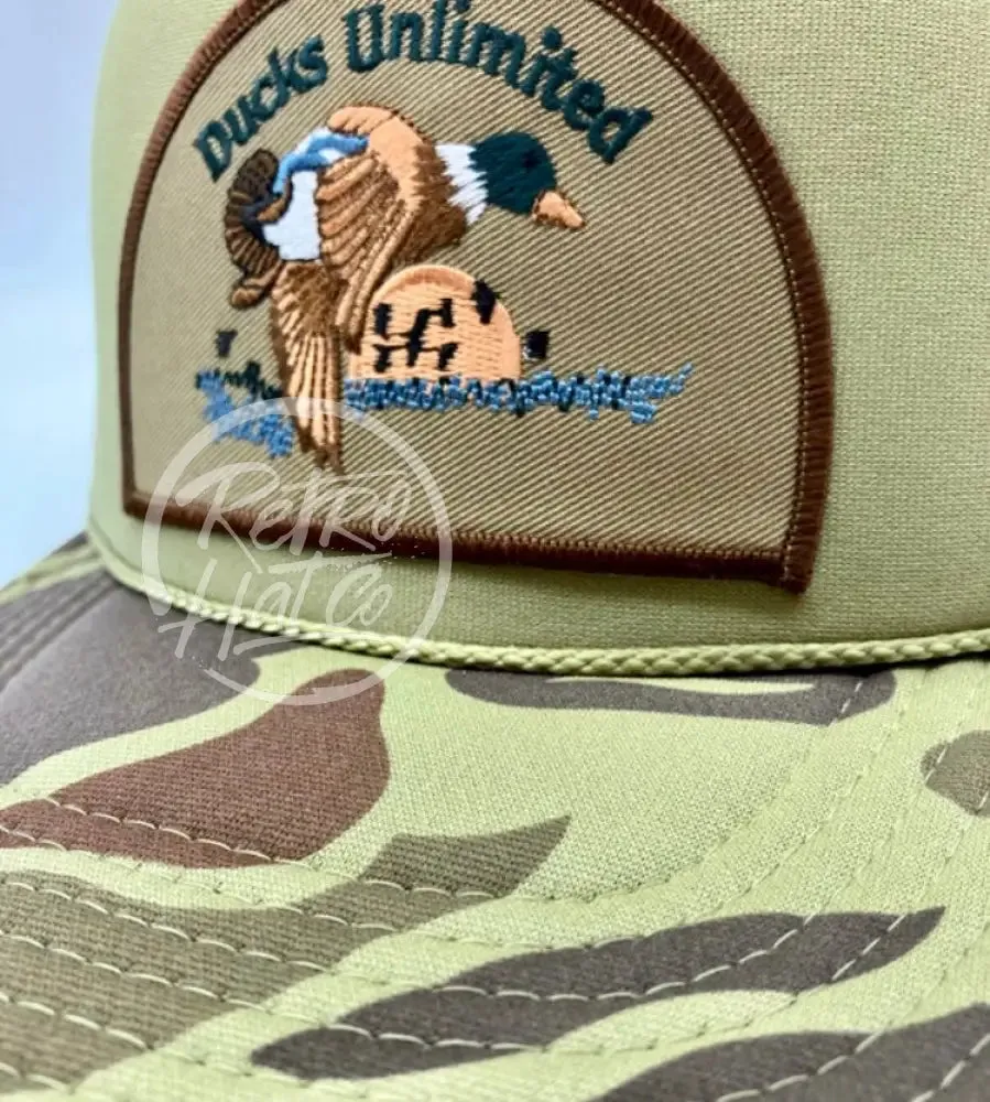 Retro Ducks Unlimited on Solid Front Camo Meshback Trucker Hat