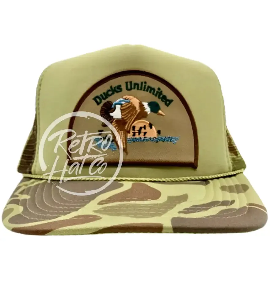 Retro Ducks Unlimited on Solid Front Camo Meshback Trucker Hat