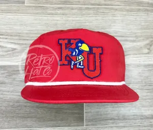 Retro Kansas Jayhawks KU Patch on Red Poly Rope Hat