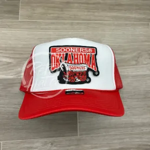 Retro Oklahoma (OU) Sooners Schooner Wagon on Red/White Meshback Trucker Hat