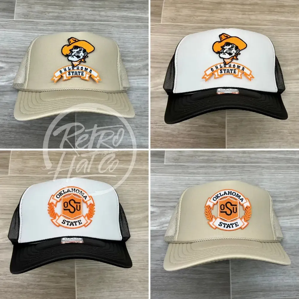 Retro Oklahoma State / OSU Crest Crest on Black/White Meshback Trucker Hat