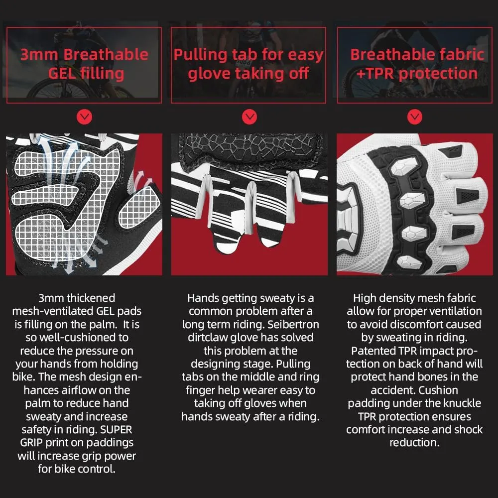 Seibertron Unisex BMX MX ATV MTB Racing Mountain Bike Bicycle Cycling Off-Road/Dirt Bike Gloves Road Racing Motorcycle Motocross Sports Gloves Touch Recognition Full Finger Glove