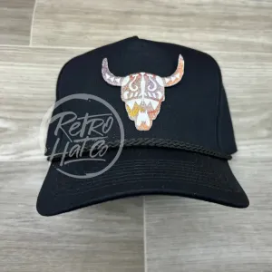 Southwest Pastel Cow Skull on Tall Black Retro Rope Hat