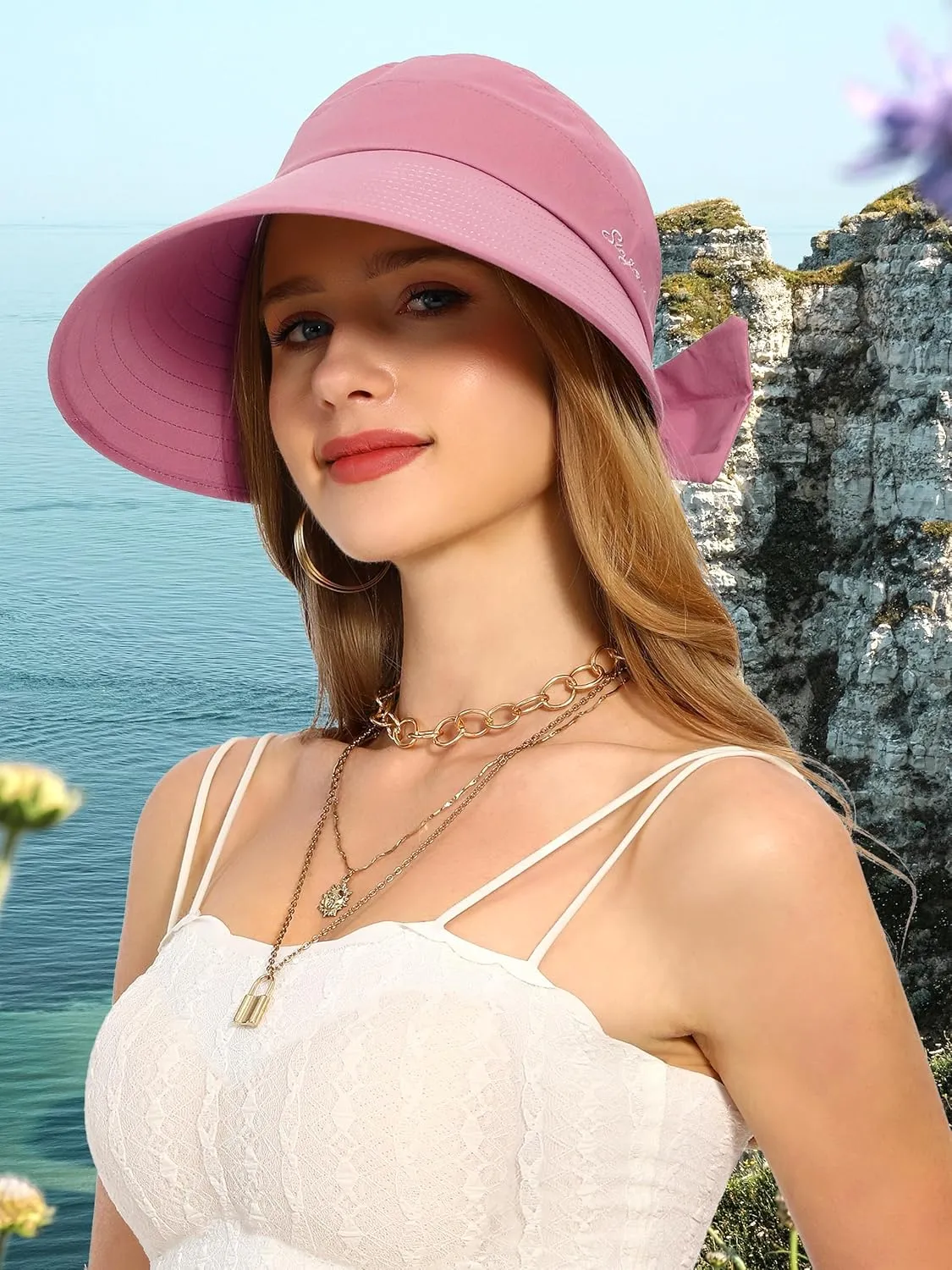 Sun Visor Hat for Women Wide Brim Ponytail Hole UV Protection Summer Cap Packable UPF 50  Travel Outdoor