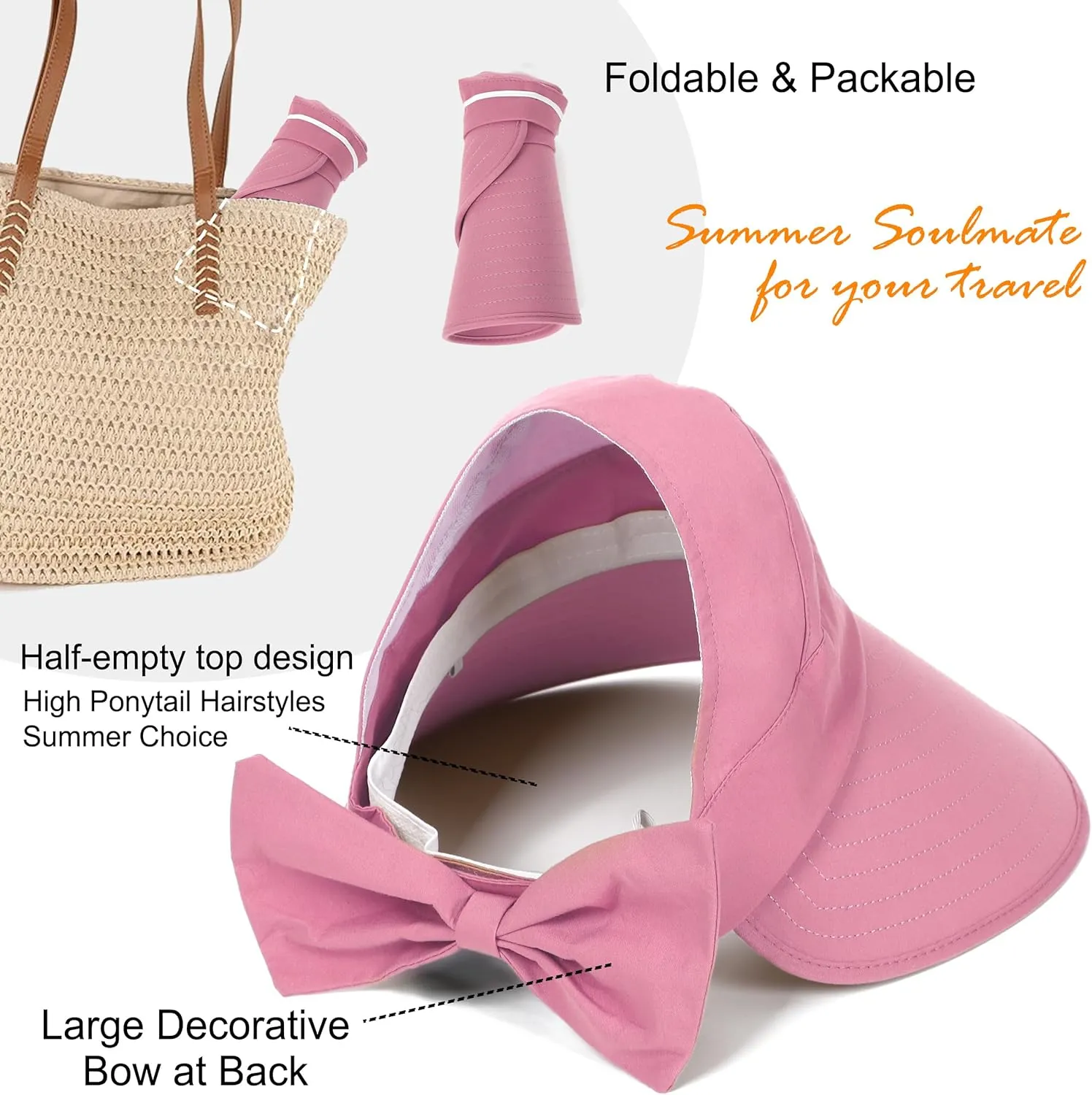 Sun Visor Hat for Women Wide Brim Ponytail Hole UV Protection Summer Cap Packable UPF 50  Travel Outdoor