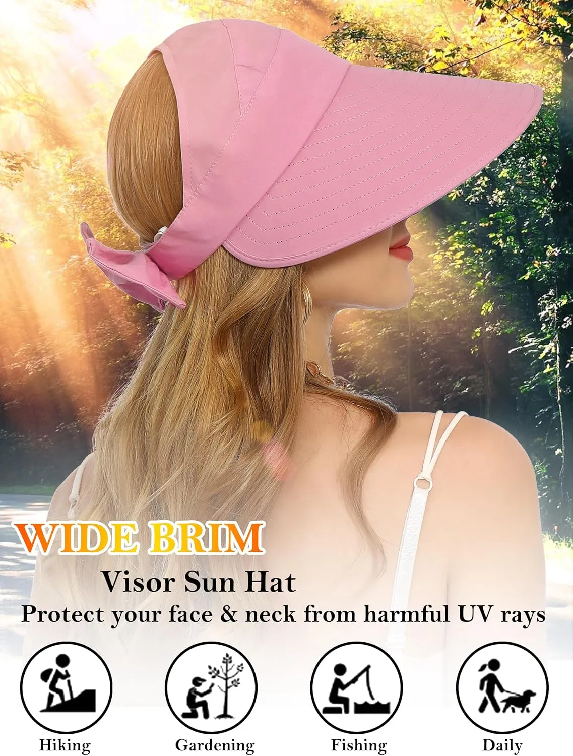 Sun Visor Hat for Women Wide Brim Ponytail Hole UV Protection Summer Cap Packable UPF 50  Travel Outdoor