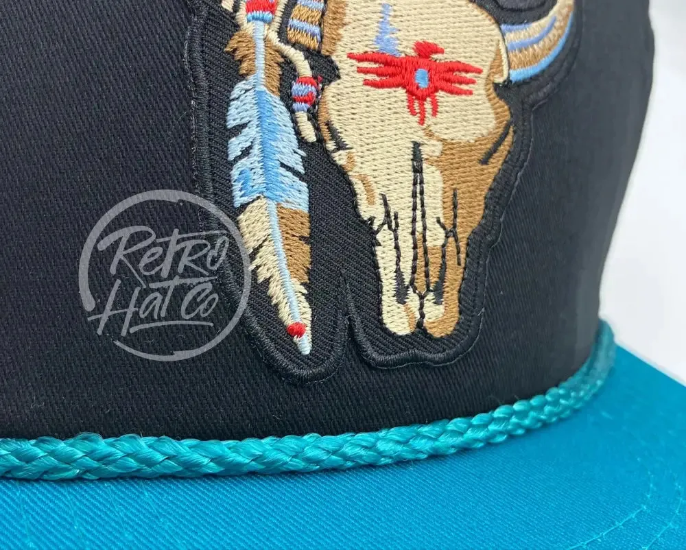 Tribal Cow Skull Patch on Black/Turquoise Rope Hat