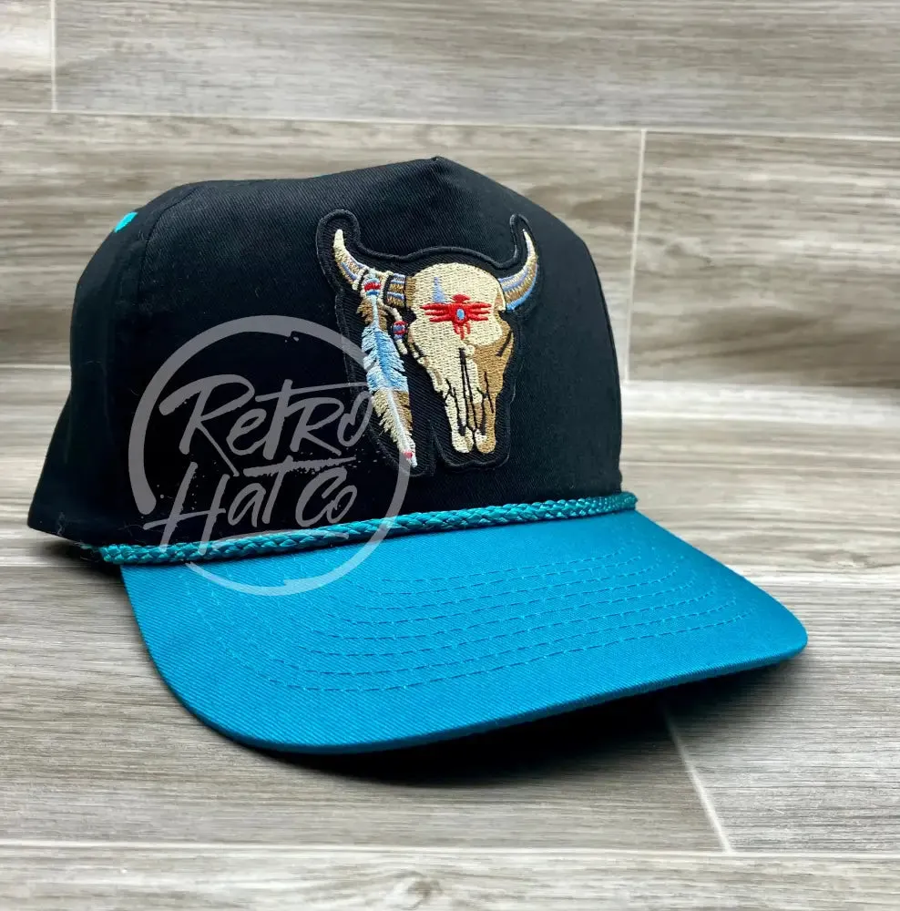 Tribal Cow Skull Patch on Black/Turquoise Rope Hat