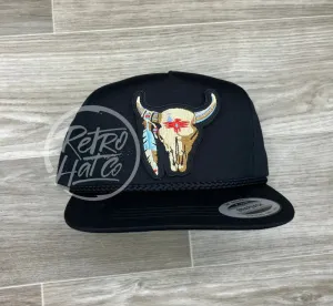 Tribal / Southwestern Cow Skull  on Black Classic Rope Hat