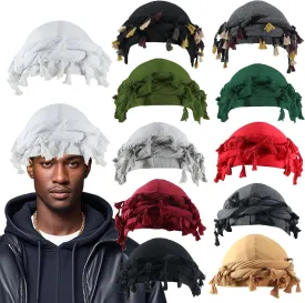 Turban Head Wraps for Men Skull Cap Halo Turban Pre-Tied Tassels Men Satin Lined Turban Hat with Fringe Twisted Tail