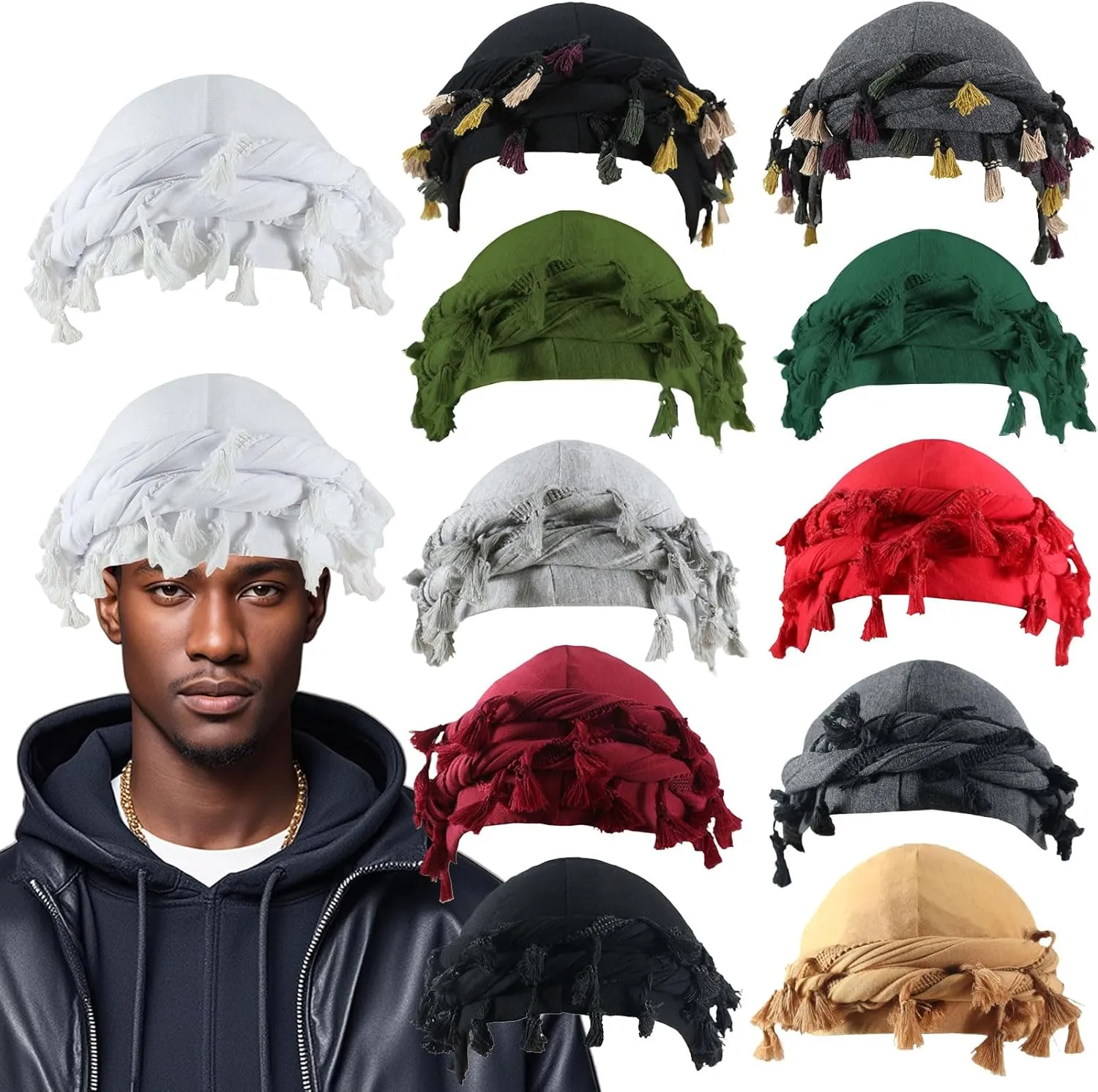Turban Head Wraps for Men Skull Cap Halo Turban Pre-Tied Tassels Men Satin Lined Turban Hat with Fringe Twisted Tail