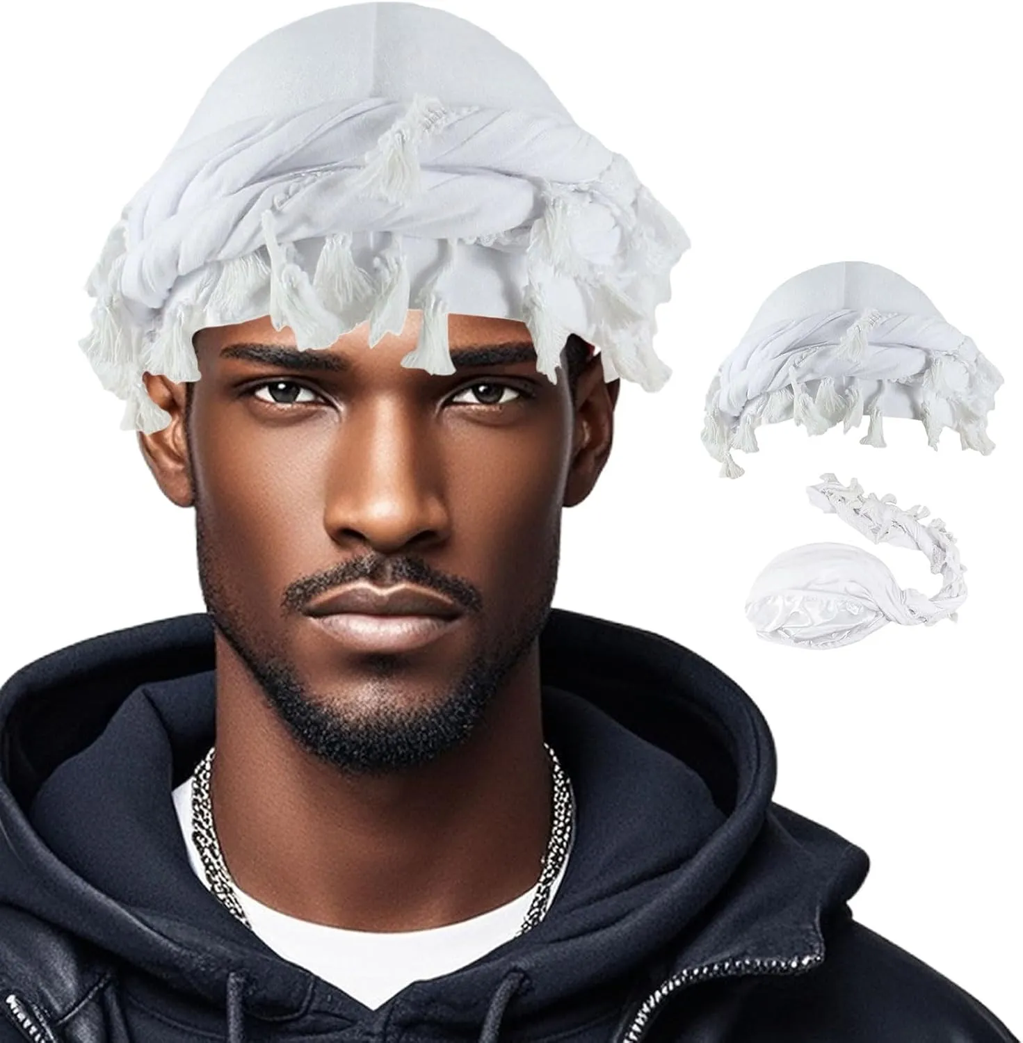 Turban Head Wraps for Men Skull Cap Halo Turban Pre-Tied Tassels Men Satin Lined Turban Hat with Fringe Twisted Tail
