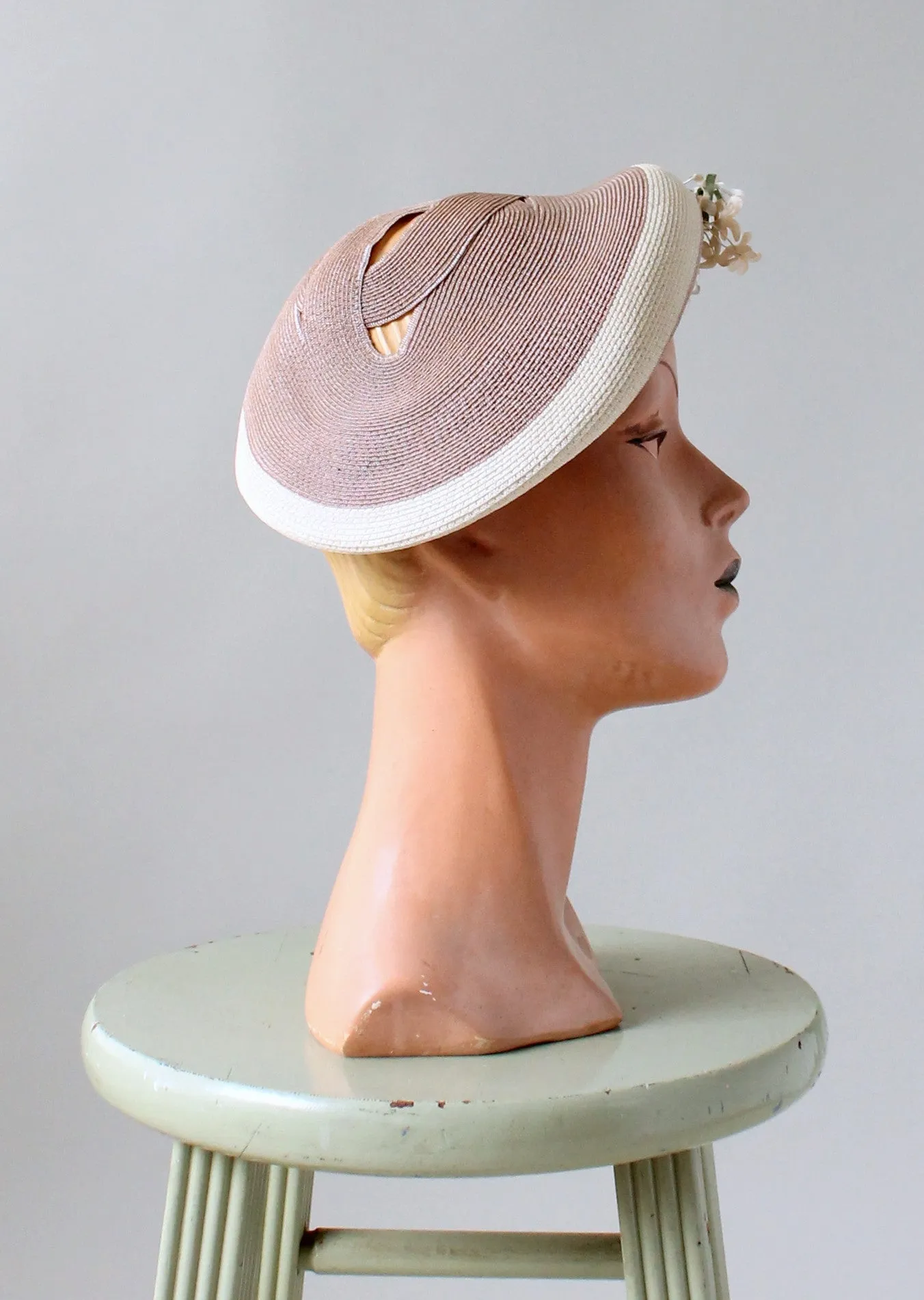Vintage 1940s Straw Beret with Floral Millinery