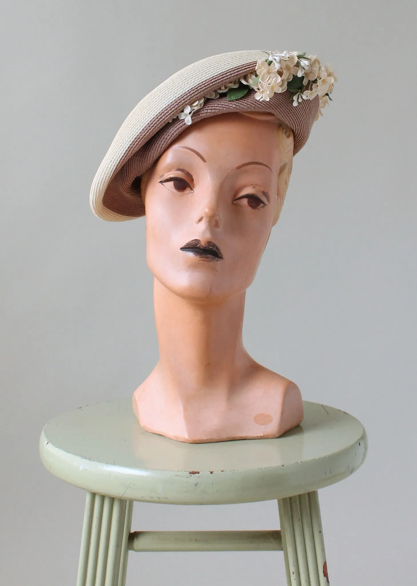 Vintage 1940s Straw Beret with Floral Millinery