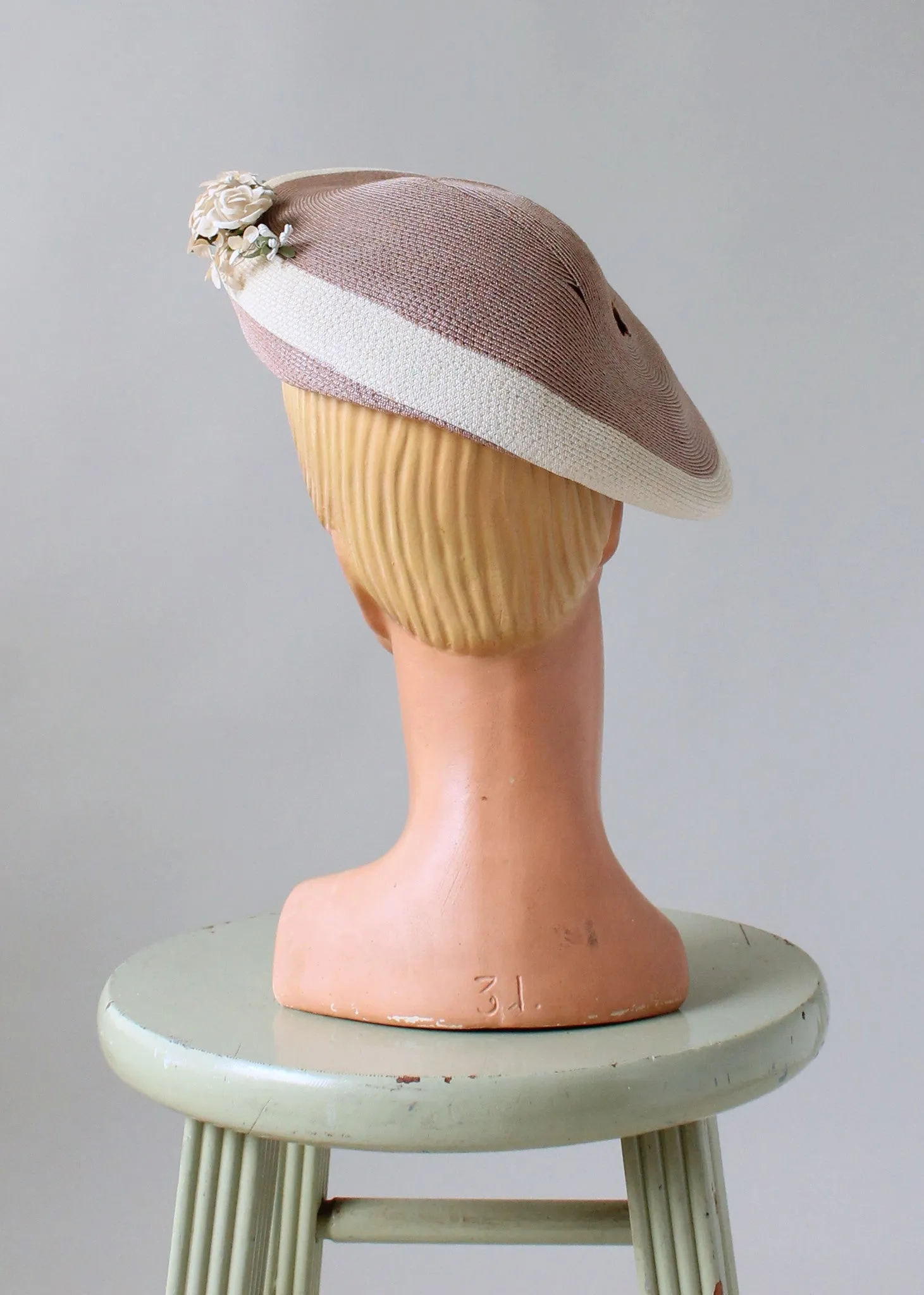 Vintage 1940s Straw Beret with Floral Millinery