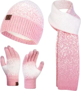 Winter Beanie Hat Scarf Gloves, Warm Fleece Lined Knit Beanie Hat Long Scarf & Touch Screen Gloves for Women Cold Weather Set