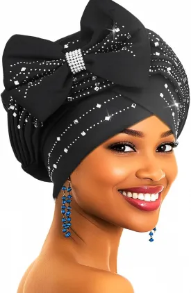Woeoe African Gele Turbans Black Rhinestones Head Wraps Bow Church Head Scarf for Women