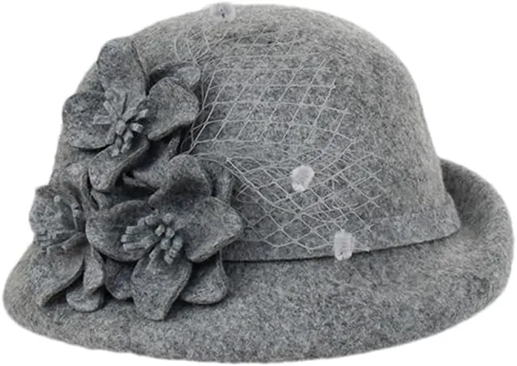 Women Floral Solid Hat Warm Wool Felt Flower Mesh Flower Hat Wide Brim Hat Autumn Winter