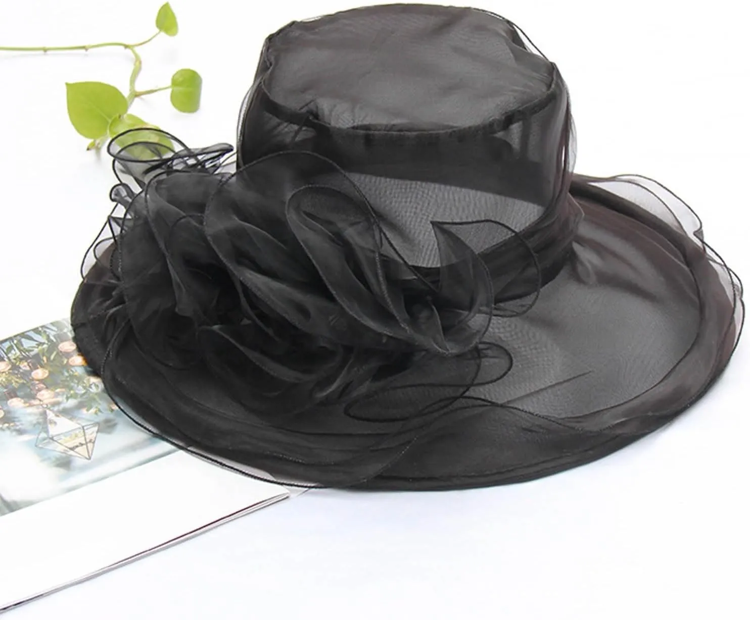 Women's Kentucky-Derby Hats Organza Church Fascinator Bridal Tea Party Wedding Hat Wide Brim Dress Hat Summer Sunhat